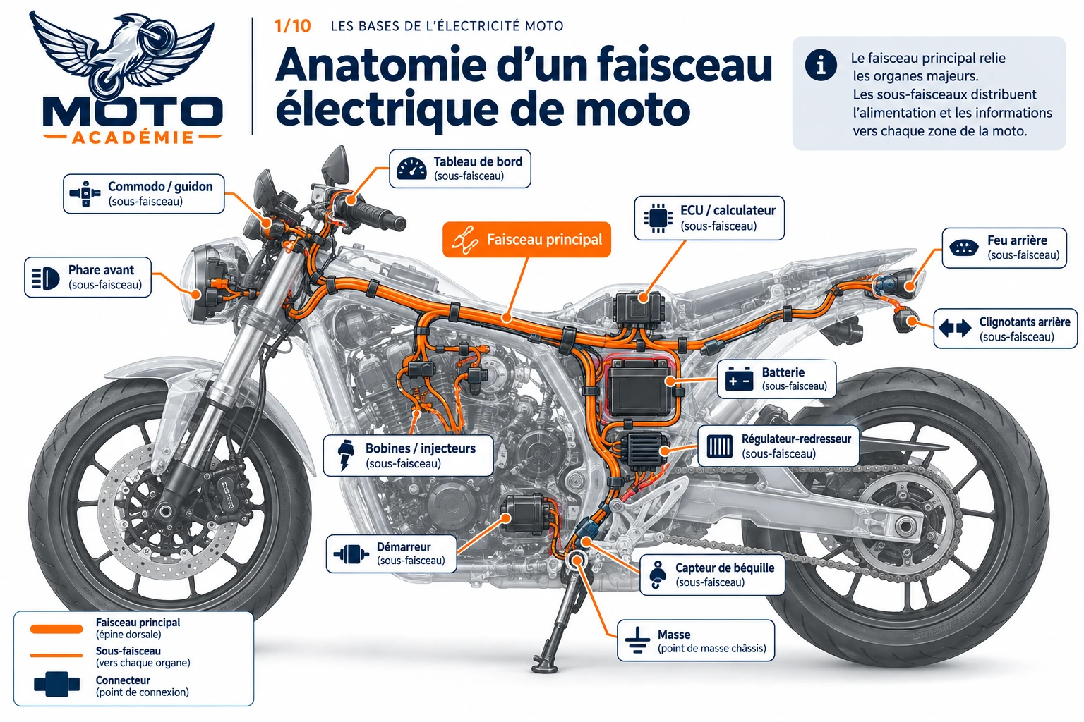 Schéma d’une moto montrant le chemin du faisceau principal et des sous-faisceaux vers le guidon, le tableau de bord, l’ECU, la batterie, le régulateur, le phare et le feu arrière.