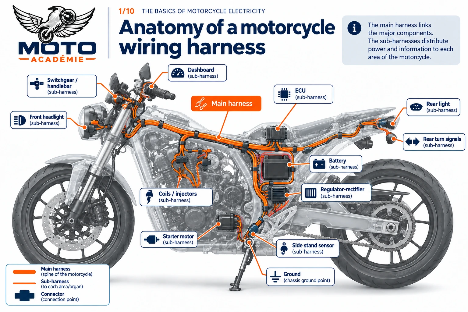 Diagram of a motorcycle showing the route of the main wiring harness and the sub-harnesses to the handlebar controls, dashboard, ECU, battery, regulator, headlight and rear light.