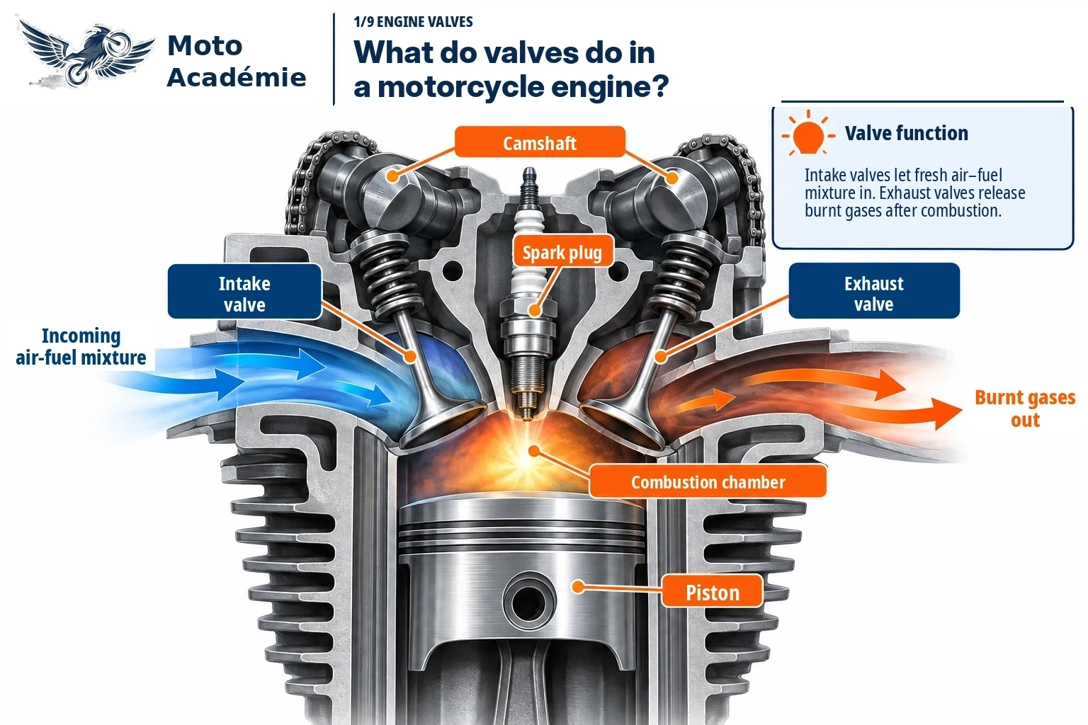 Motorcycle engine cross-section showing intake and exhaust valves, spark plug, piston and gas flow.