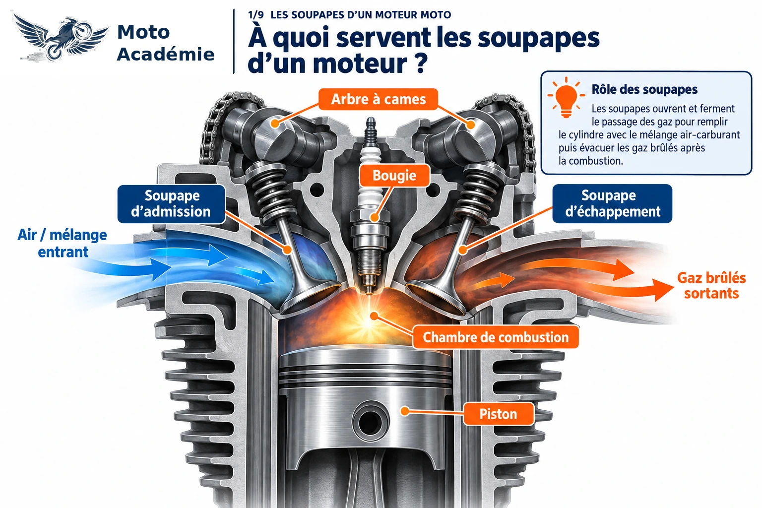 Coupe d’un moteur de moto montrant les soupapes d’admission et d’échappement, la bougie, le piston et la circulation des gaz.