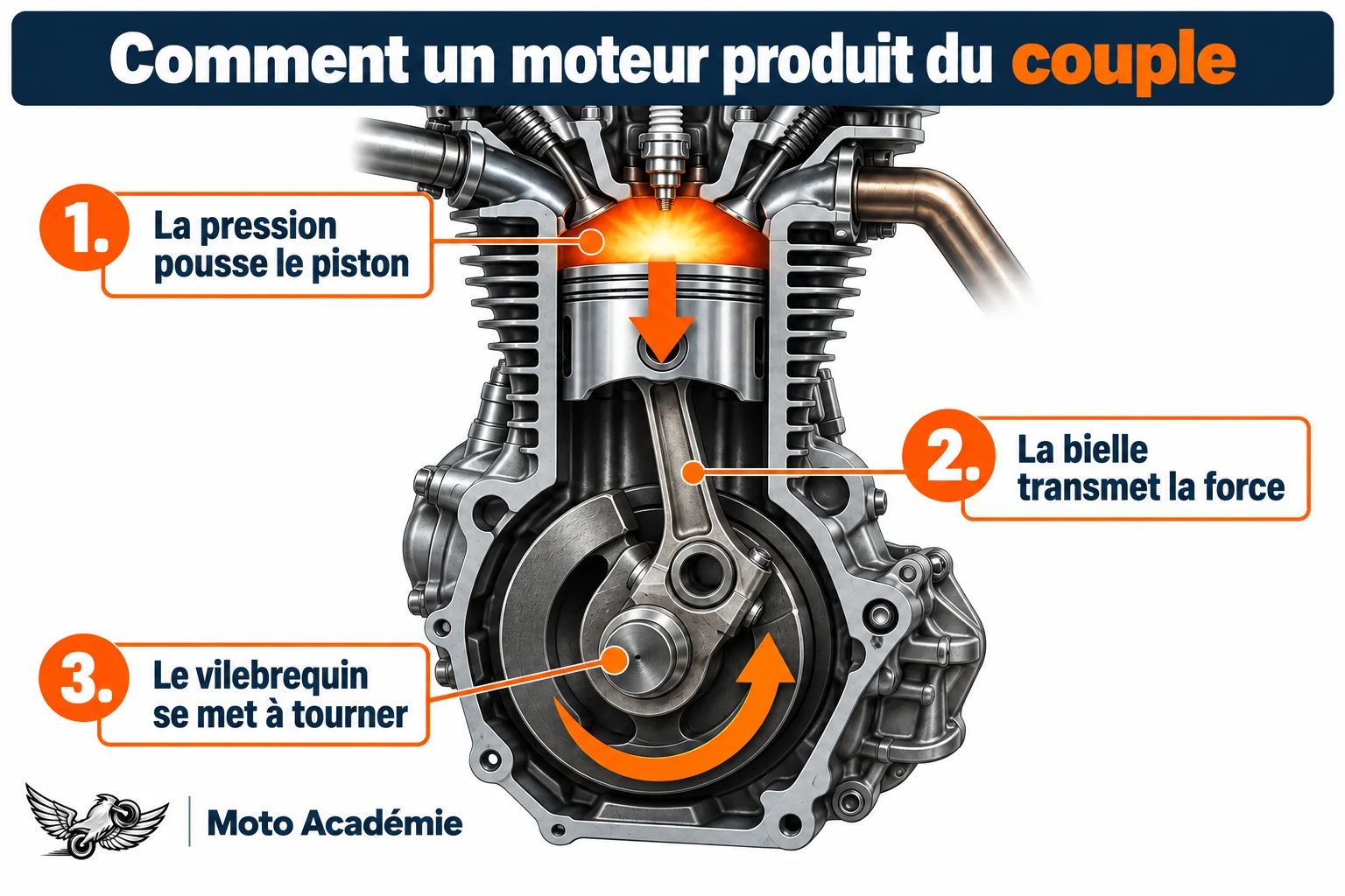 Coupe d’un moteur monocylindre montrant le piston, la bielle et le vilebrequin transformant la pression en rotation.
