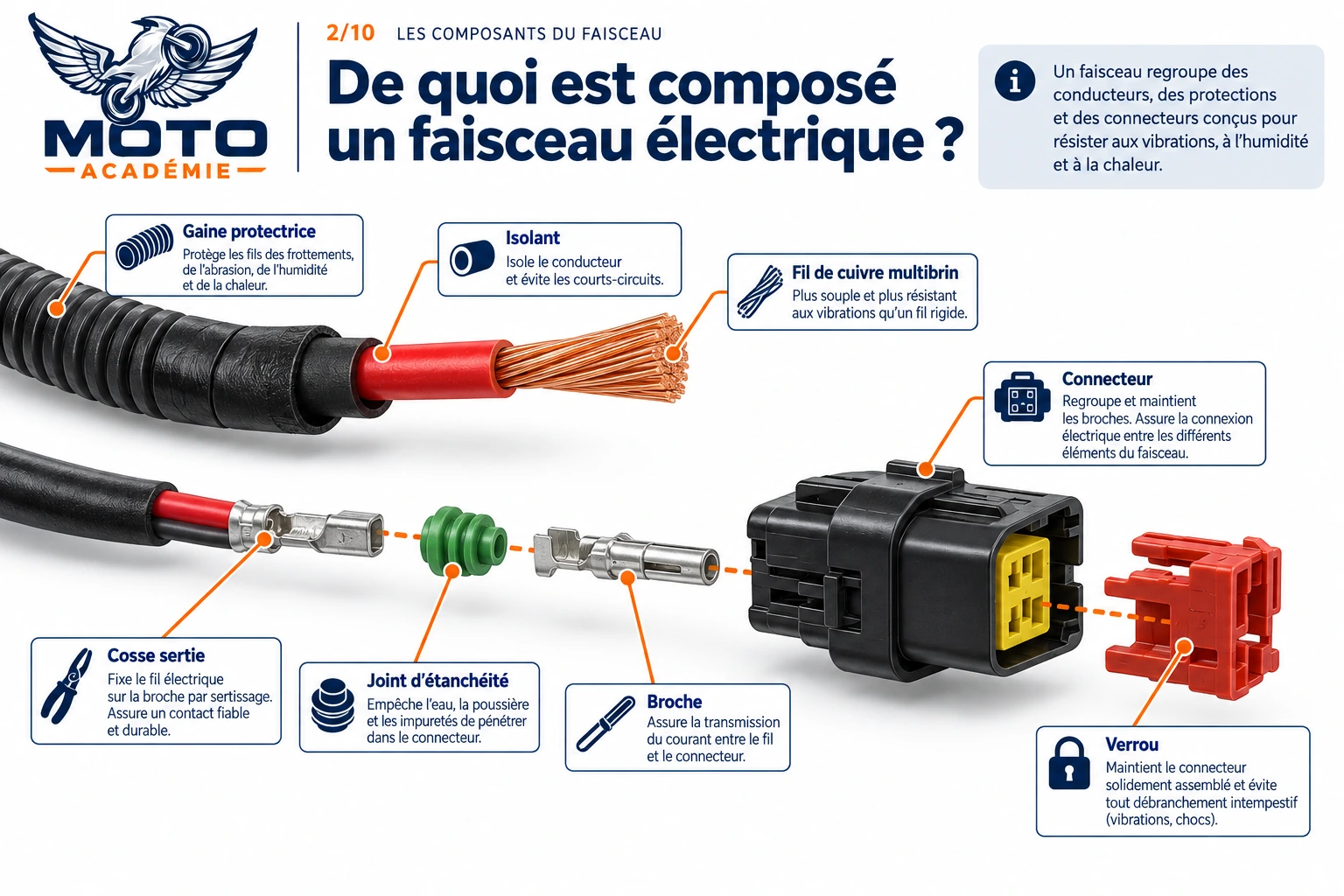 Vue éclatée d’un fil et d’un connecteur de faisceau avec les éléments annotés : gaine protectrice, isolant, cuivre multibrin, cosse sertie, joint d’étanchéité, broche et verrou.