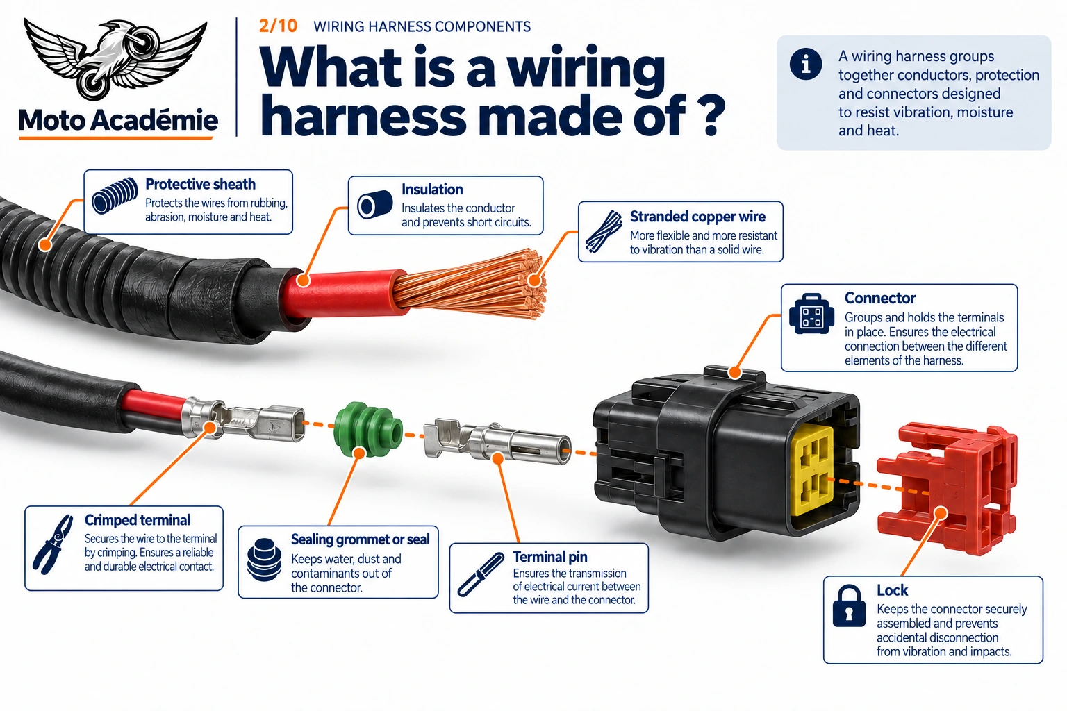 Exploded view of a harness wire and connector with labeled parts: protective sheath, insulation, stranded copper wire, crimped terminal, seal, terminal pin and lock.