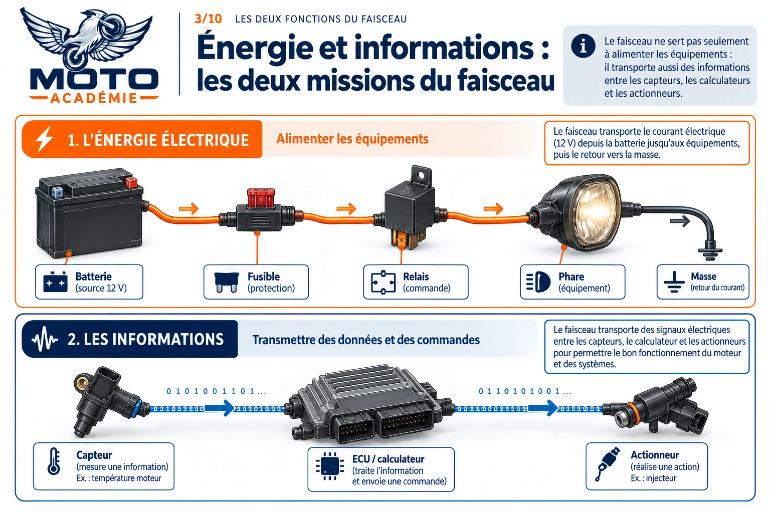 Infographie en deux parties montrant d’un côté l’alimentation électrique batterie-fusible-relais-phare-masse et de l’autre la transmission d’informations capteur-ECU-actionneur.