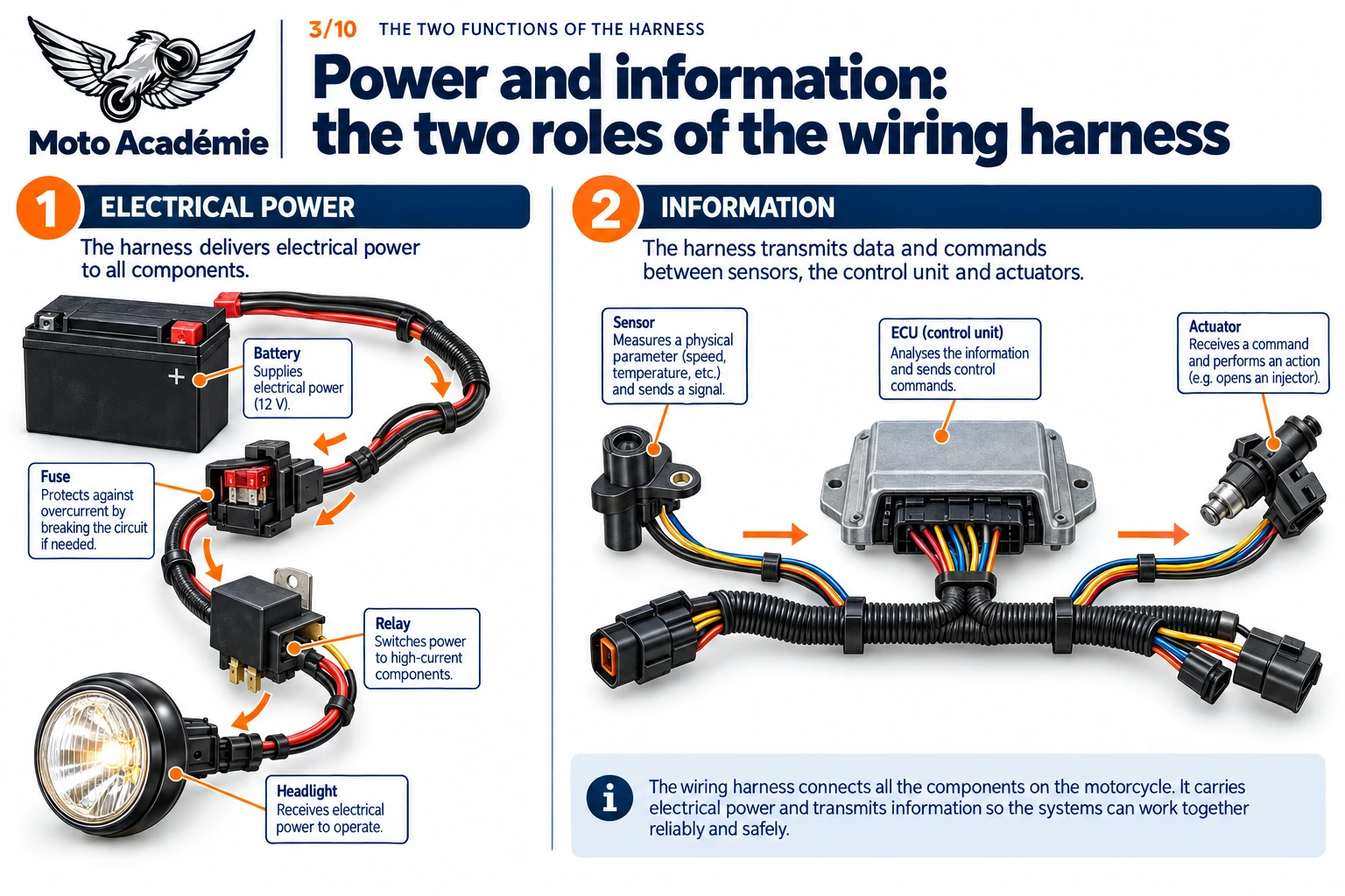 Two-part infographic showing electrical power flow from battery to fuse, relay, headlight and ground, and signal flow from sensor to ECU to actuator.