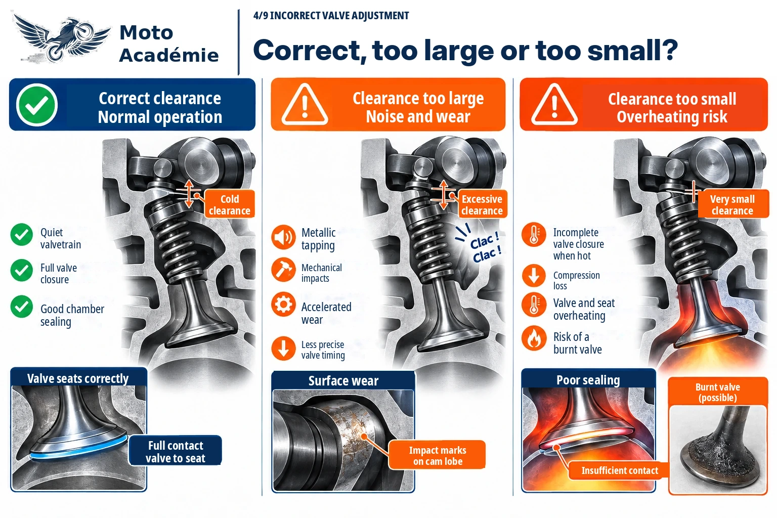 Comparison of correct, excessive and insufficient valve clearance and their risks of noise, wear or incomplete sealing.