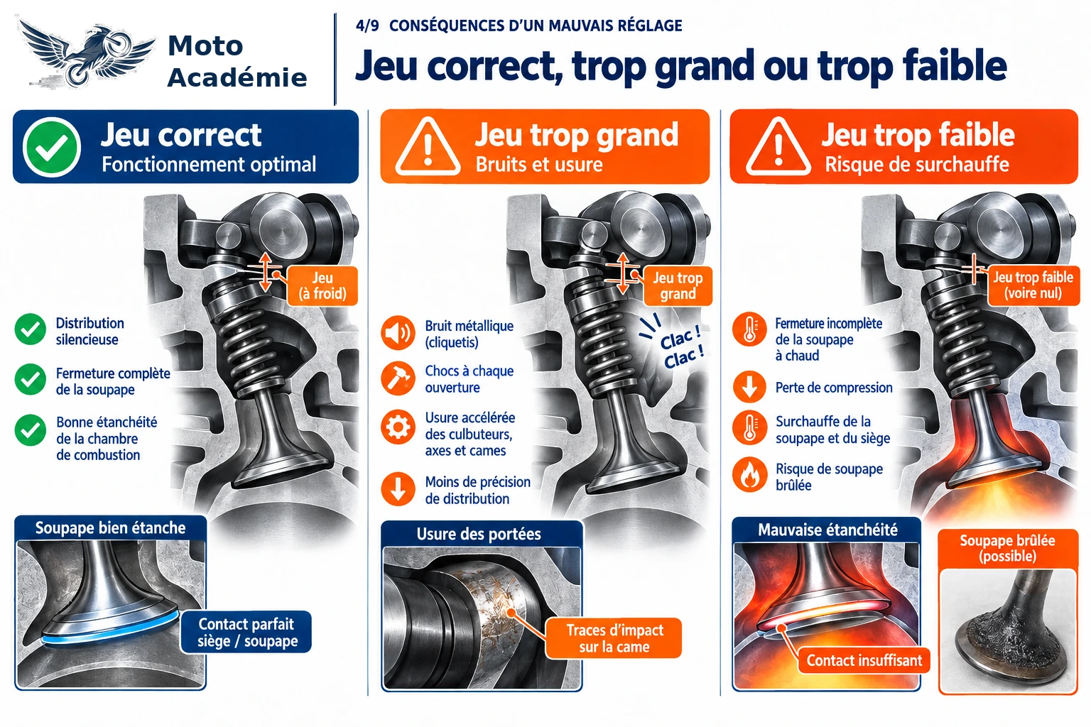 Comparatif entre jeu correct, jeu trop important et jeu insuffisant, avec les risques de bruit, d’usure ou de fermeture incomplète.