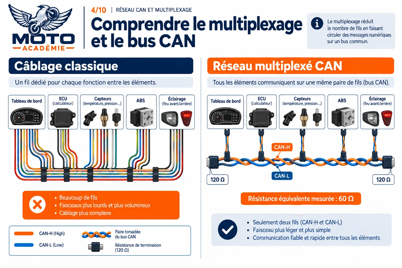Comparatif entre un câblage classique avec de nombreux fils dédiés et un réseau CAN multiplexé avec deux fils CAN-H et CAN-L et des résistances de terminaison de 120 ohms.