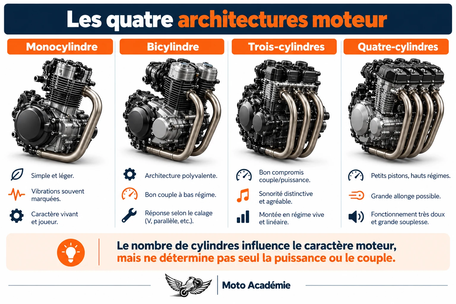 Comparaison visuelle d’un monocylindre, d’un bicylindre parallèle, d’un trois-cylindres et d’un quatre-cylindres en ligne.