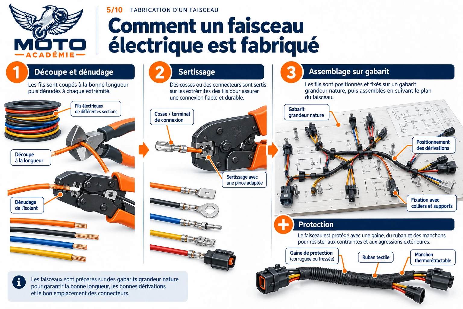 Infographie en étapes montrant la fabrication d’un faisceau électrique : découpe et dénudage, sertissage, assemblage sur gabarit et protection finale.