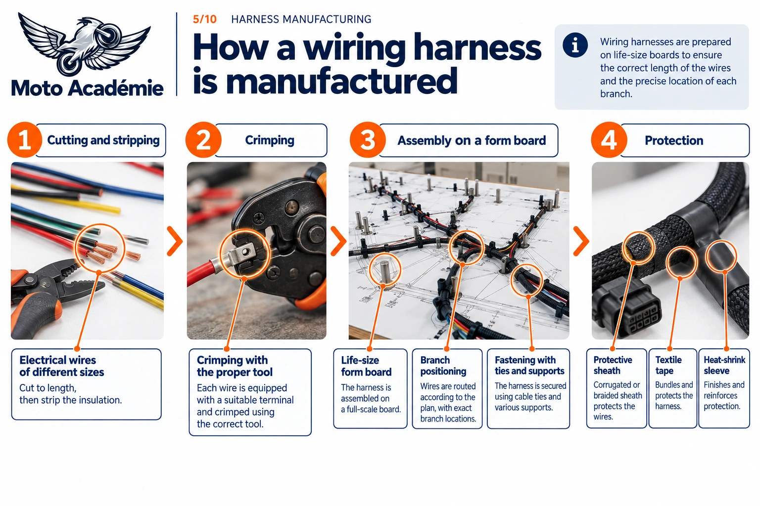 Step-by-step infographic showing wiring harness manufacturing: cutting and stripping, crimping, assembly on a form board and final protection.