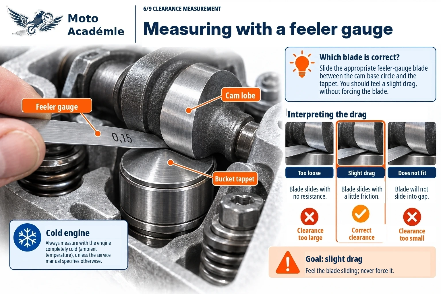 Measuring valve clearance with a feeler gauge between the cam and tappet, showing too loose, correct drag and too tight.