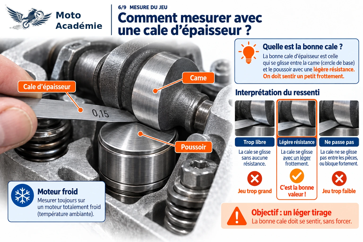 Mesure du jeu aux soupapes avec une cale d’épaisseur entre la came et le poussoir et comparaison de différents ressentis.