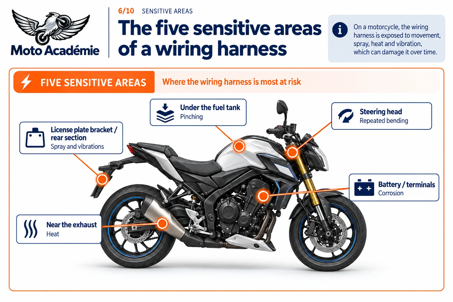 Side view of a motorcycle highlighting five sensitive wiring harness areas: steering head, under the fuel tank, battery area, near the exhaust and the rear license plate bracket.