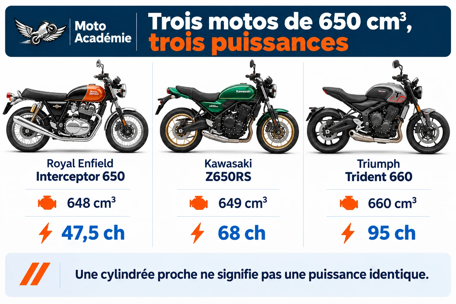 Illustration comparant les puissances de l’Interceptor 650, de la Z650RS et de la Trident 660 malgré leurs cylindrées proches.