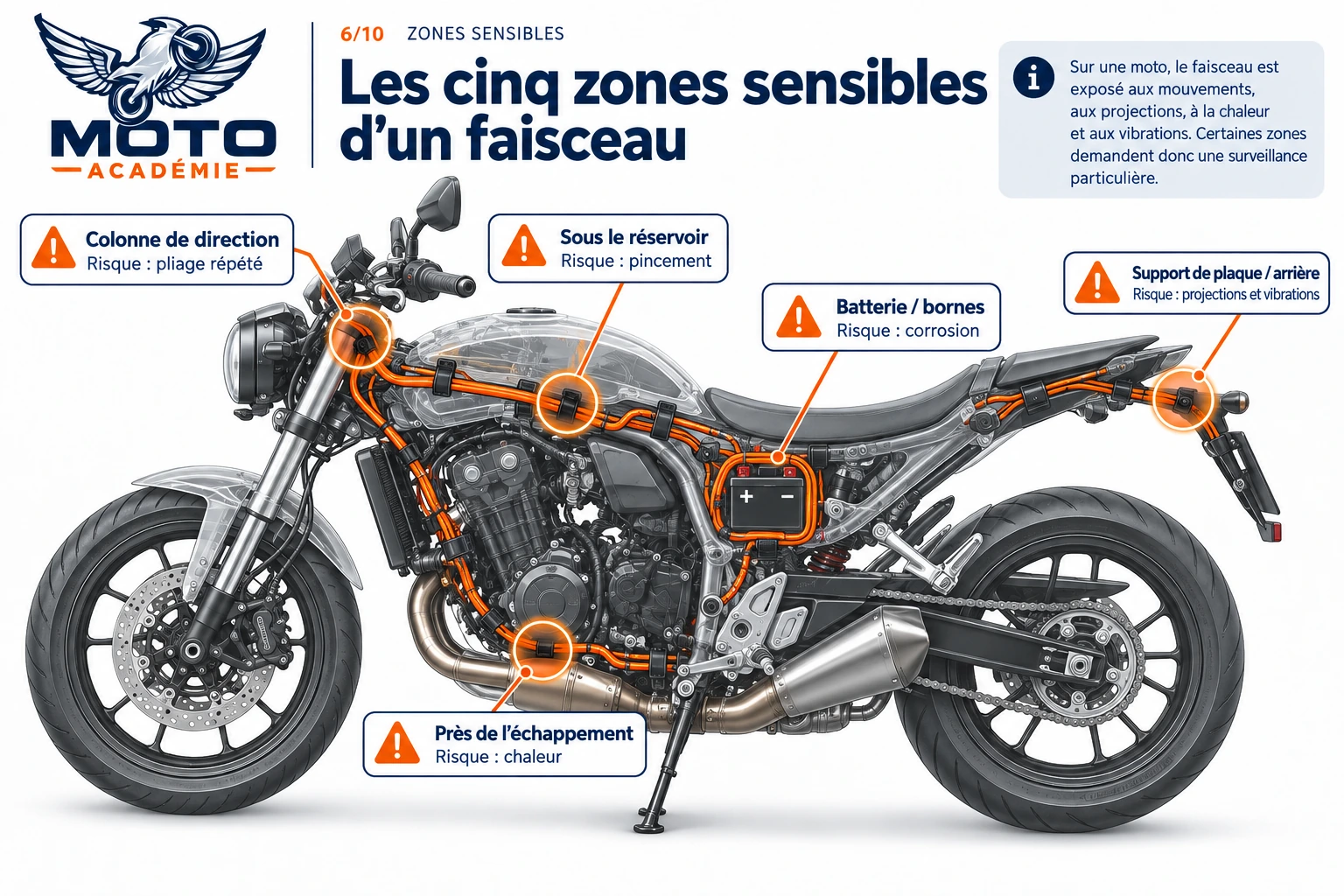 Vue de profil d’une moto avec cinq zones sensibles du faisceau repérées : colonne de direction, sous le réservoir, batterie, près de l’échappement et support de plaque arrière.