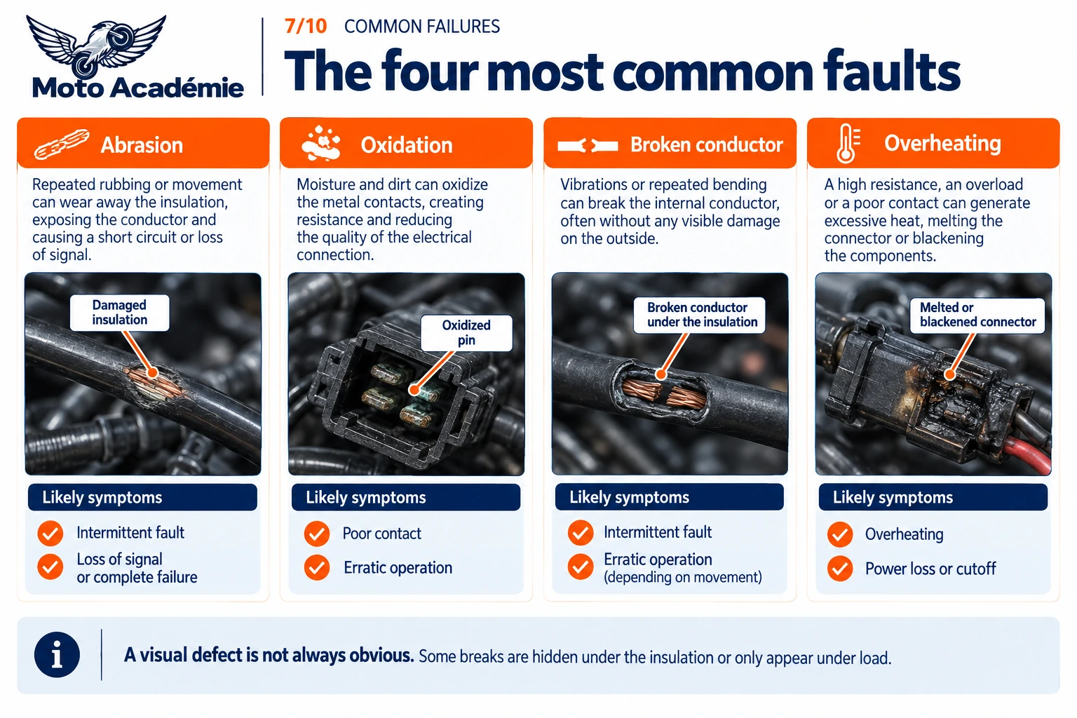 Infographic showing four common wiring harness faults: abrasion, oxidation, broken conductor under the insulation and connector overheating.