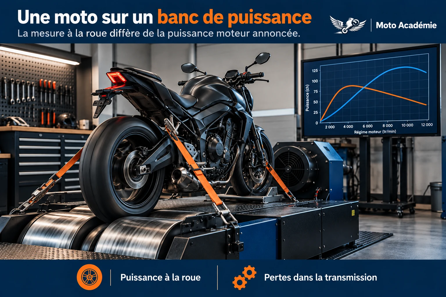 Moto sanglée sur un banc de puissance à rouleaux, avec écran affichant des courbes de couple et de puissance.