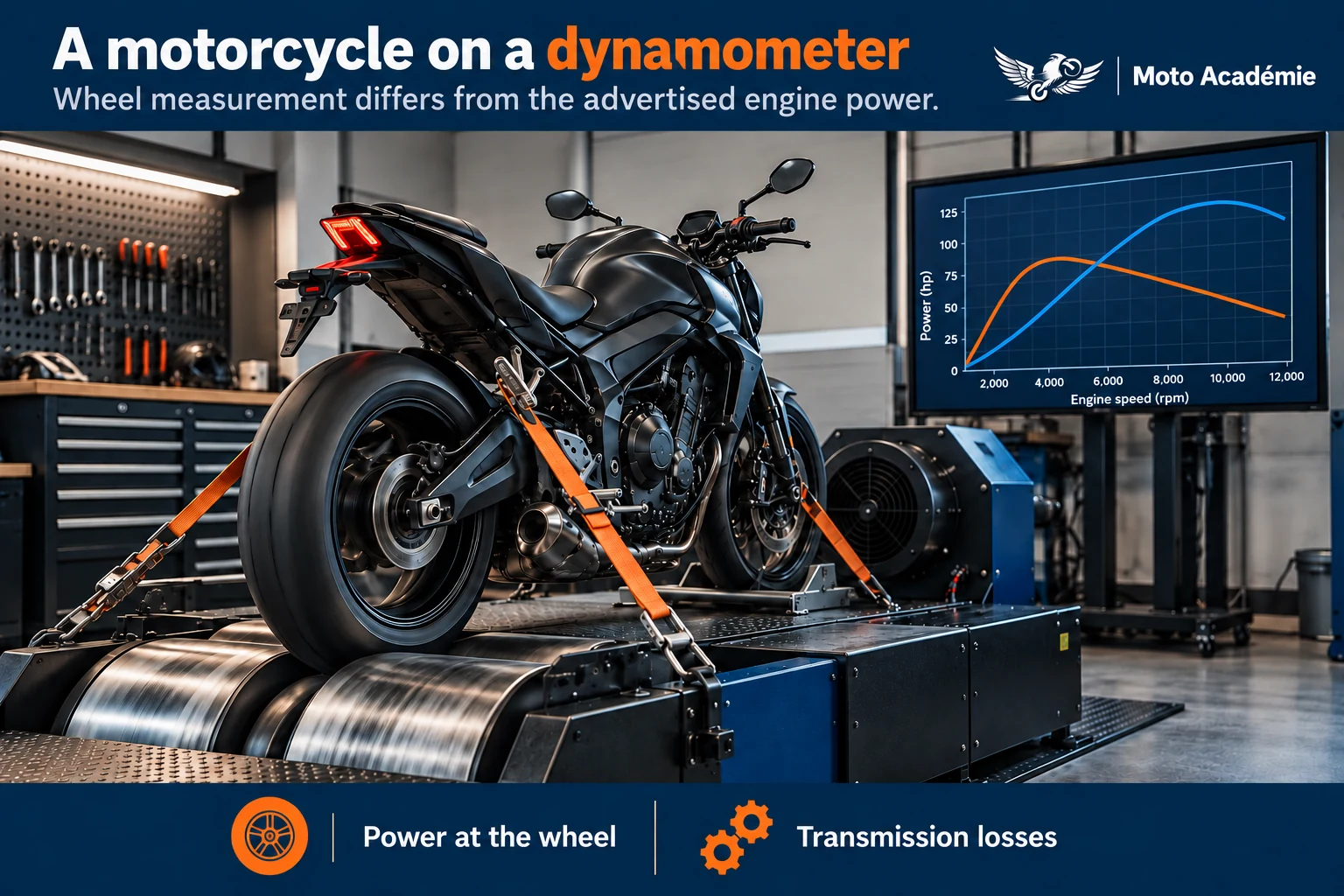 Motorcycle strapped to a roller dynamometer, with a screen showing torque and power curves.