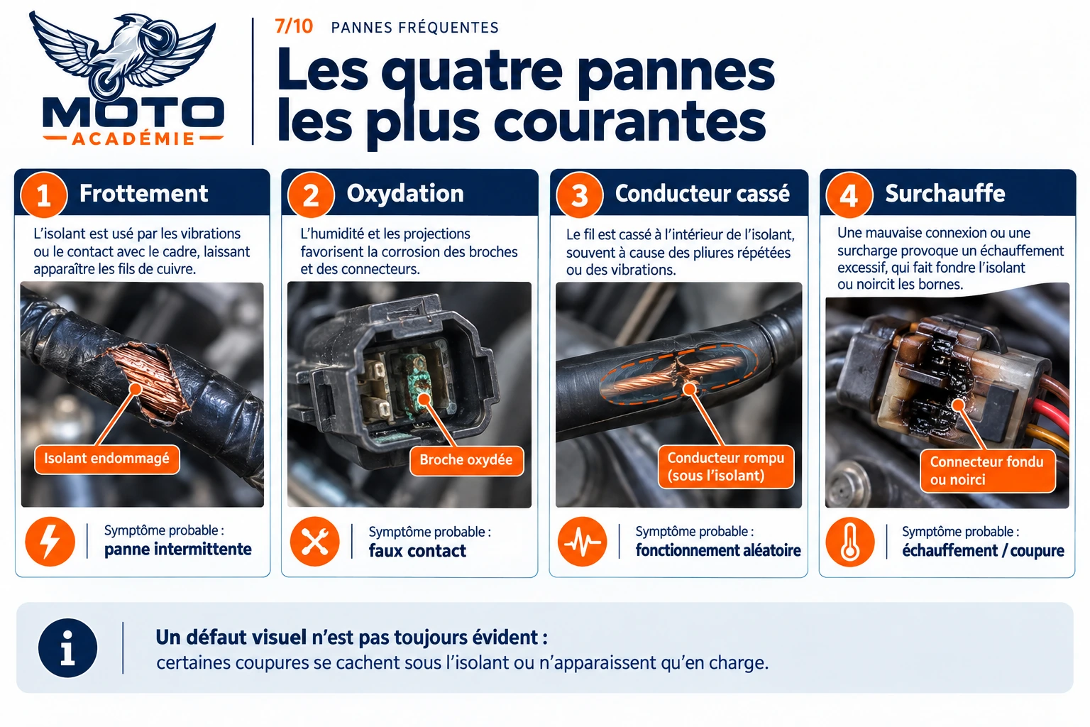 Infographie présentant quatre pannes courantes du faisceau : frottement, oxydation, conducteur cassé sous l’isolant et surchauffe de connecteur.