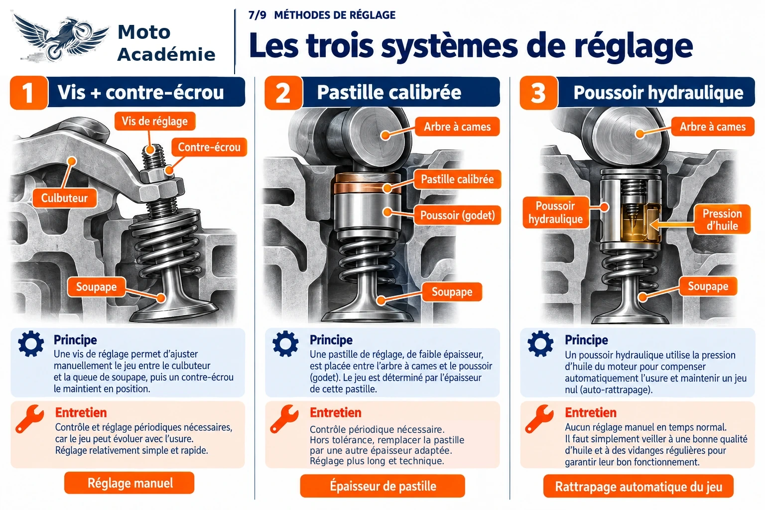 Trois systèmes de distribution illustrés : vis et contre-écrou, pastille calibrée et poussoir hydraulique.