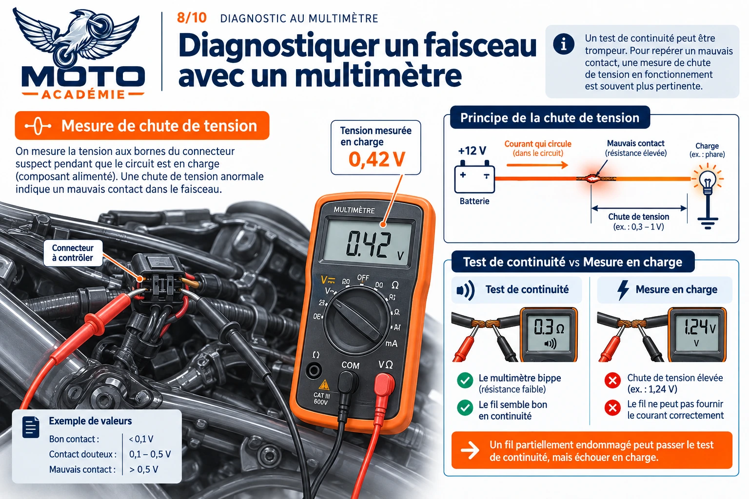 Infographie expliquant comment diagnostiquer un faisceau au multimètre avec un test de chute de tension sous charge et une comparaison avec le test de continuité.