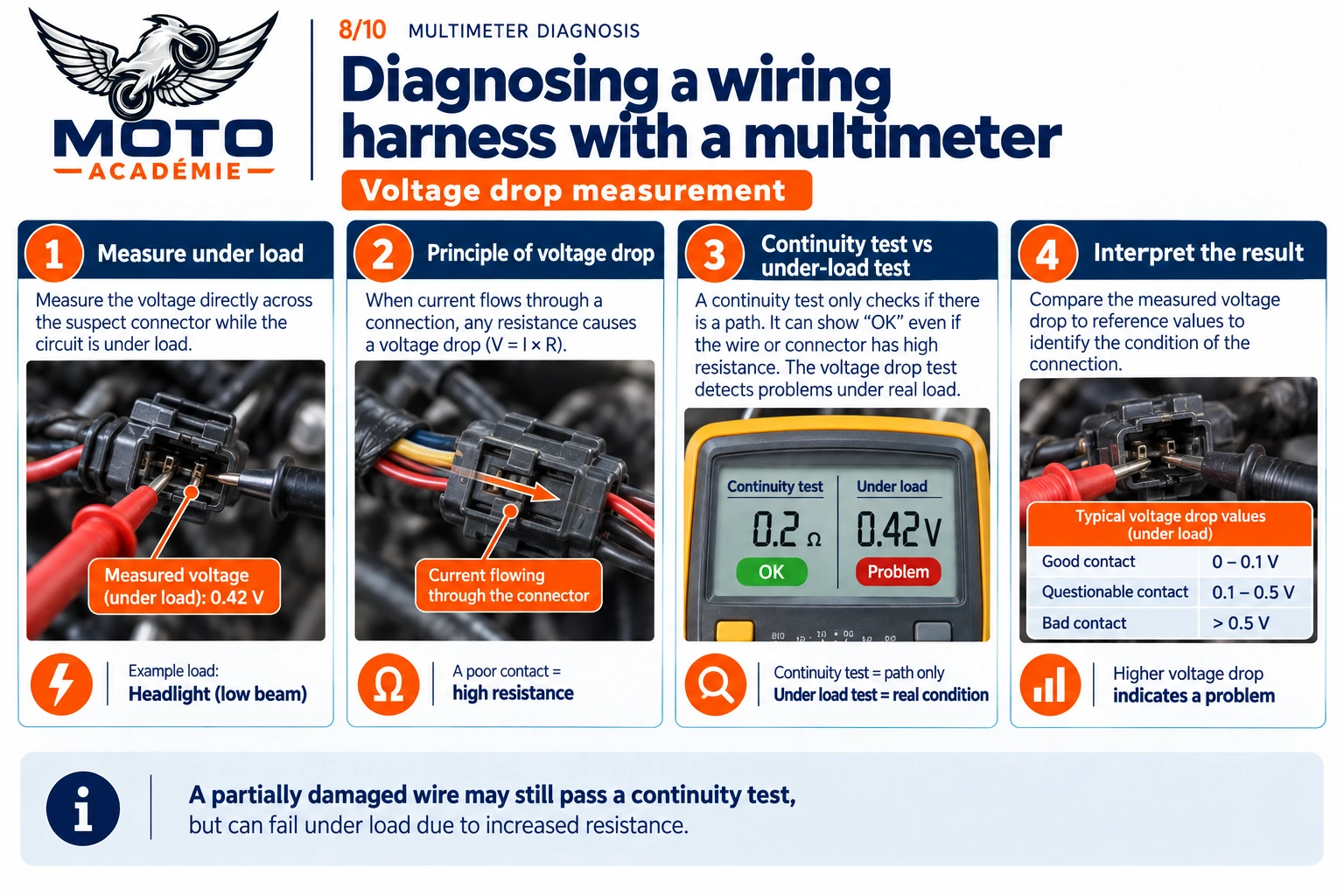Infographic explaining how to diagnose a wiring harness with a multimeter using a voltage drop test under load and a comparison with a continuity test.