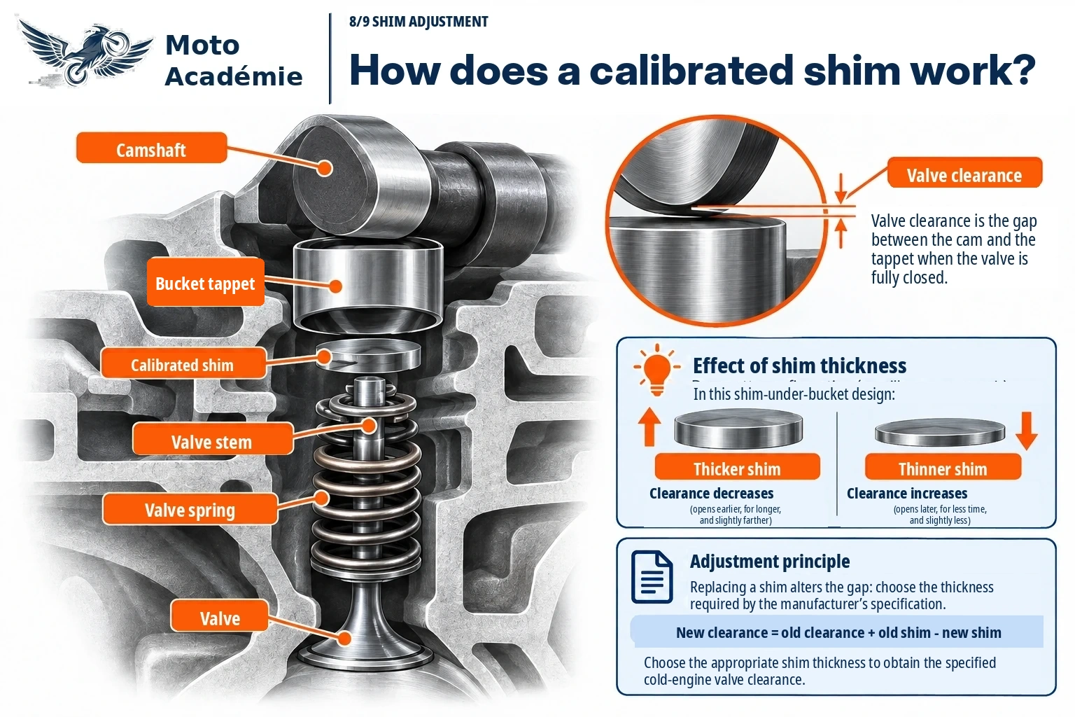 Exploded bucket-and-shim system: a thicker shim reduces clearance while a thinner shim increases it.