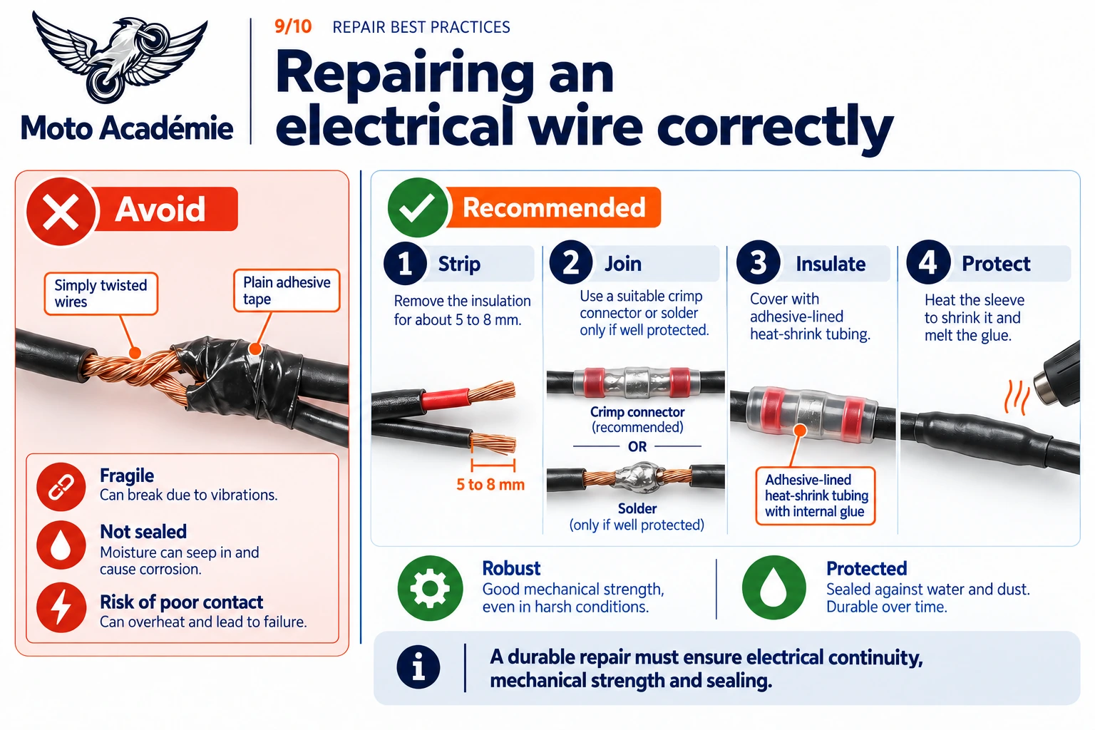 Comparison between a poor wire repair using twisted wires and tape and a recommended repair using a connector, heat-shrink tubing and sealed protection.