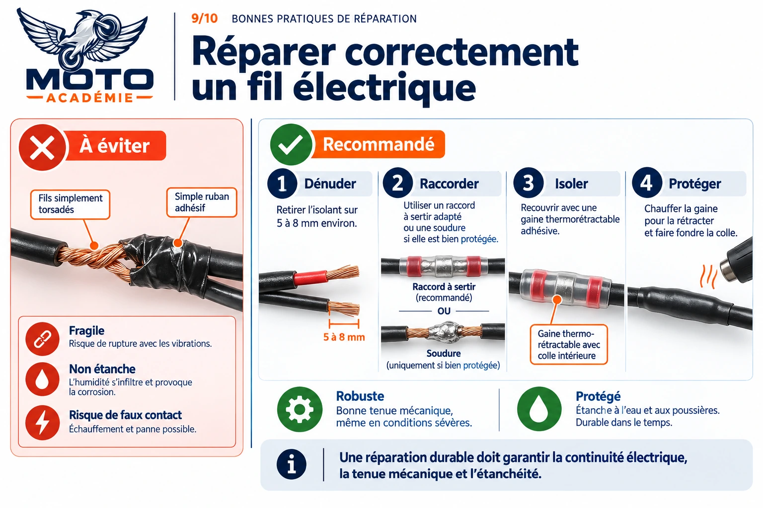 Comparatif entre une mauvaise réparation de fil avec torsade et ruban adhésif, et une réparation recommandée avec raccord, gaine thermorétractable et protection étanche.