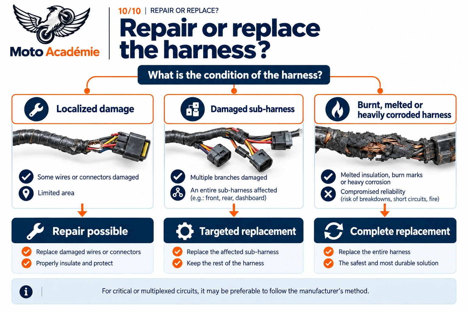 Decision tree showing when to repair localized damage, when to replace a damaged sub-harness and when to fully replace a burnt, melted or heavily corroded harness.