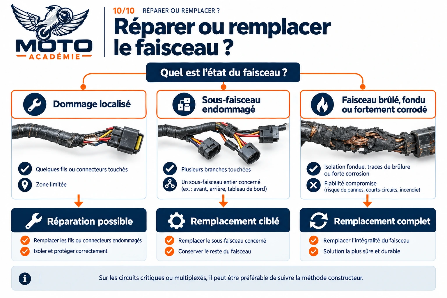 Arbre de décision montrant quand réparer un dommage localisé, quand remplacer un sous-faisceau endommagé et quand remplacer complètement un faisceau brûlé, fondu ou fortement corrodé.